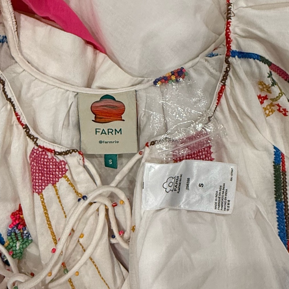 FARM Rio Macaw Embroidered Linen Caftan Midi Dress Size S Resort Vacation Boho - Picture 8 of 9